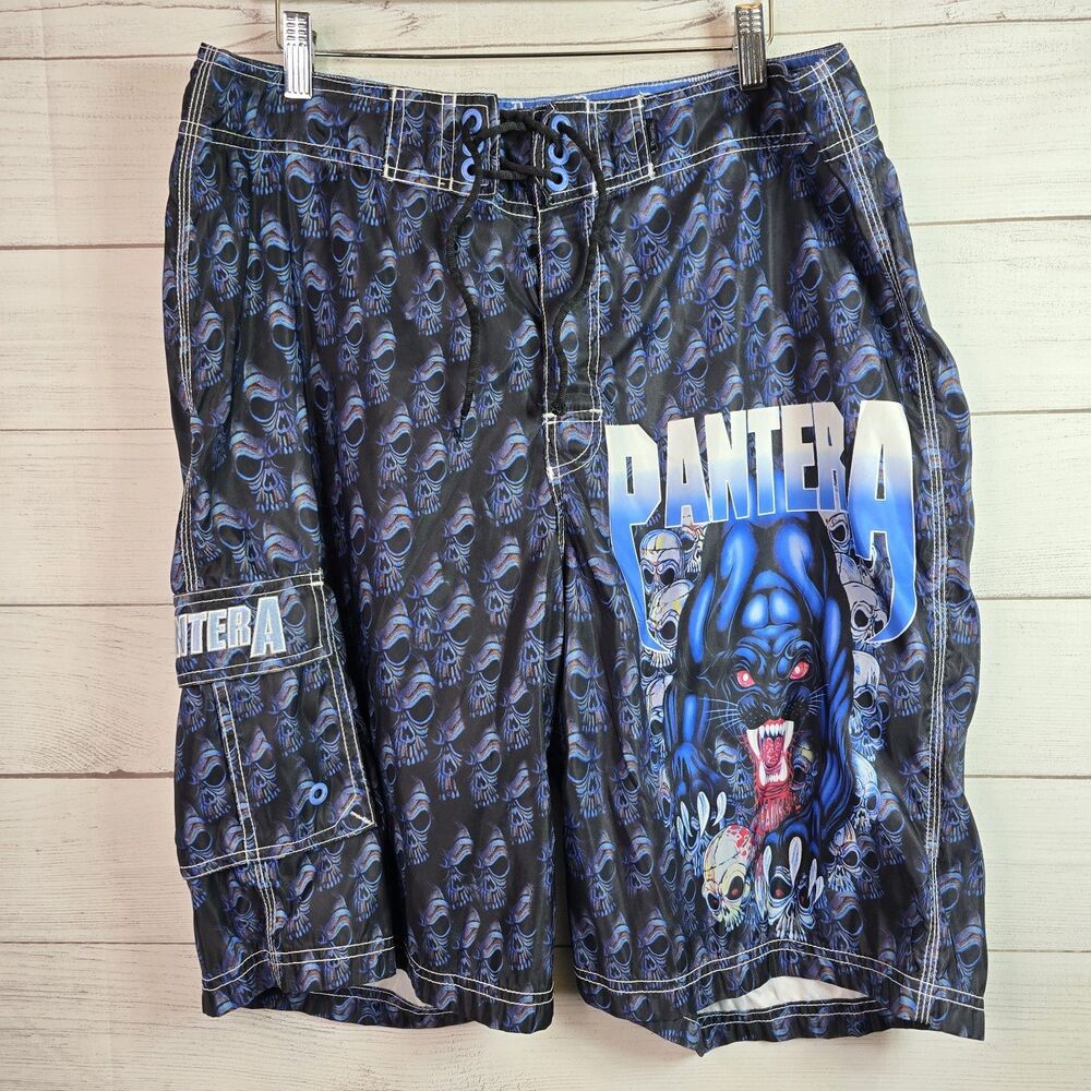 Vintage Dragonfly Pantera Y2K Rare Skulls Swim Trunks Shorts Mens Sz 36 Grunge